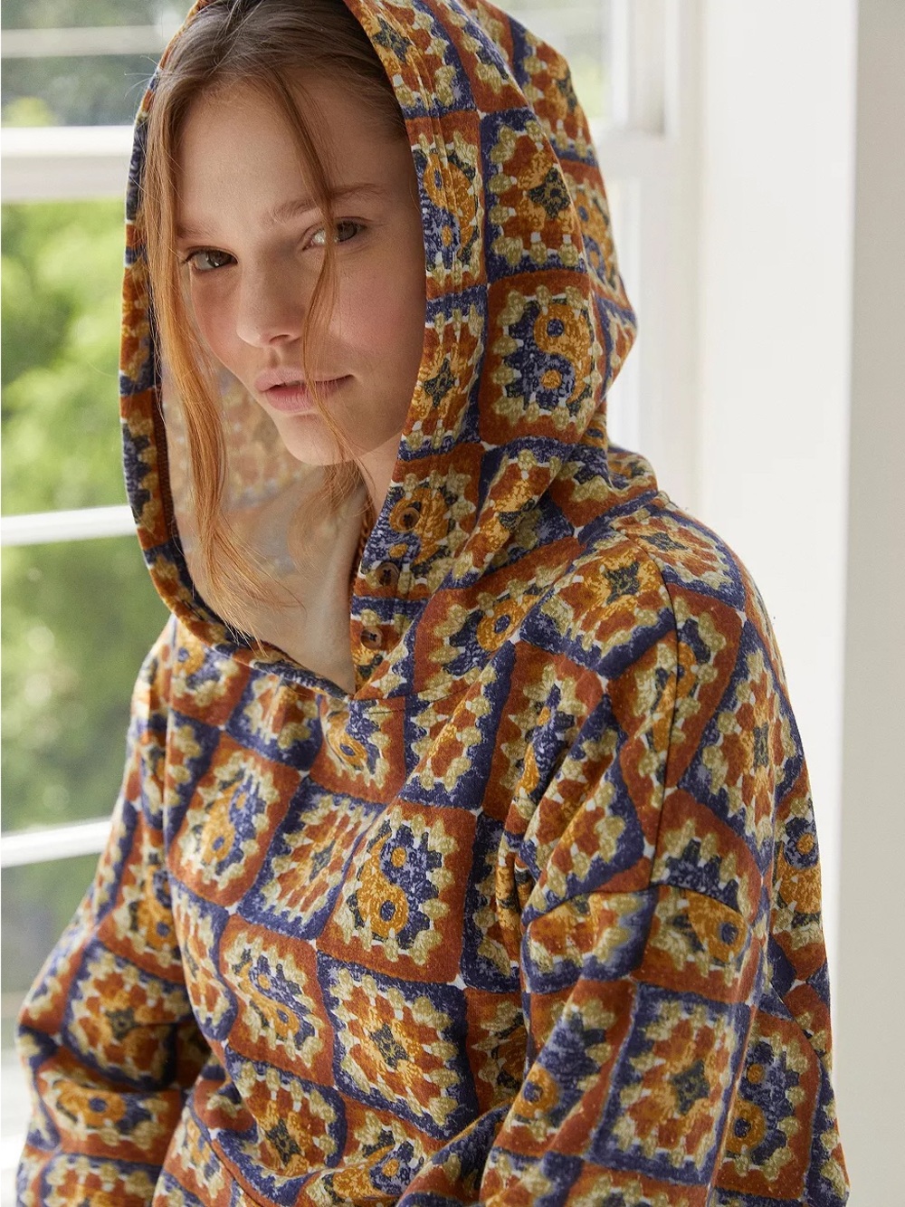Urban Outfitters Hooded Teddy Jacket in Mustard & Blue Tile Print